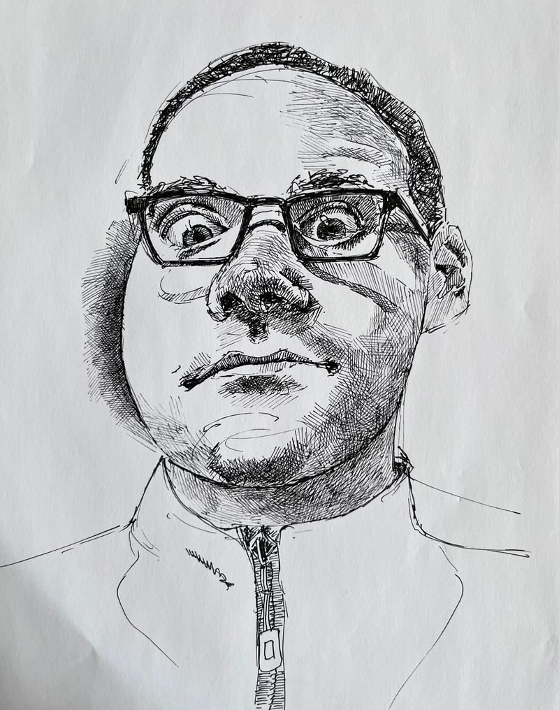 Black fine-liner sketch of a man’s face