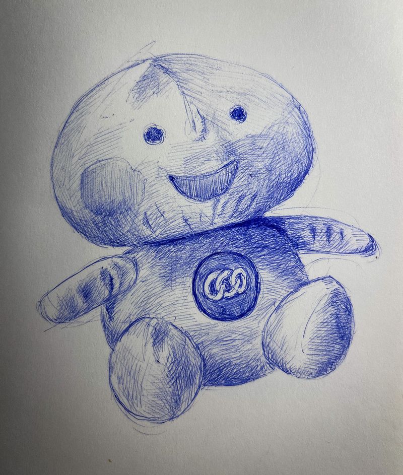 Blue biro sketch of an onion plushy toy