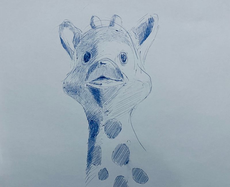 Blue biro sketch of the head of a toy giraffe
