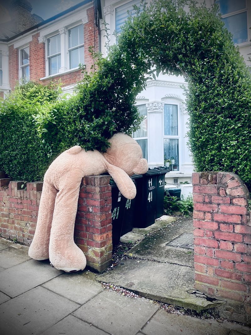 Massive teddy leaning over a wall into some bins