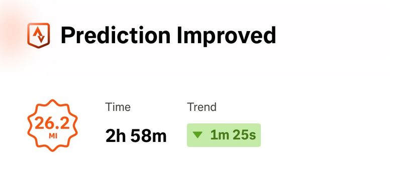screenshot of Strava app telling me my predicted marathon time has improved to less than 3 hours